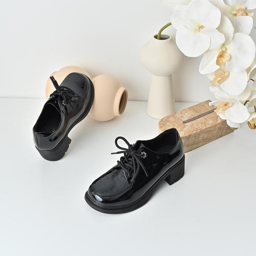 经典鲨2025秋专柜新品百搭黑色圆头鳄鱼纹中粗跟系带皮鞋女KC19-537251 商品图1