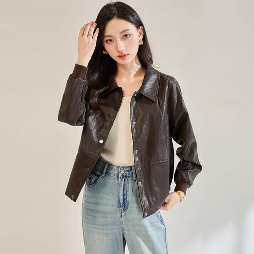 「高货sh」全新升级【铂金会员339/天猫459/差价120】(14958)洛诗琳新款金属丝pu皮衣2025秋季气质翻领显瘦夹克短外套 商品图1