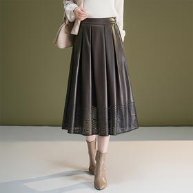 QYM 765-Y松紧高PU皮裙时尚气质优雅半身裙水洗皮大摆裙