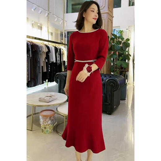 丁摩 喜庆红色连衣裙秋冬婚礼喜宴收腰显瘦鱼尾裙礼服5ZF-01038 商品图0