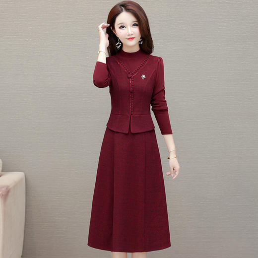 QYM 1125X17-Y假两件气质连衣裙时尚中长款高腰A字裙 商品图0