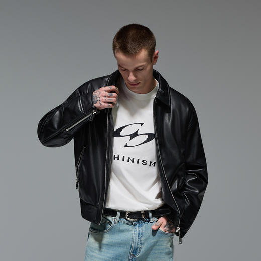 CHINISM赤尘 黑色蛋白皮翻领夹克男冬季新款加厚夹棉男士外套 商品图3