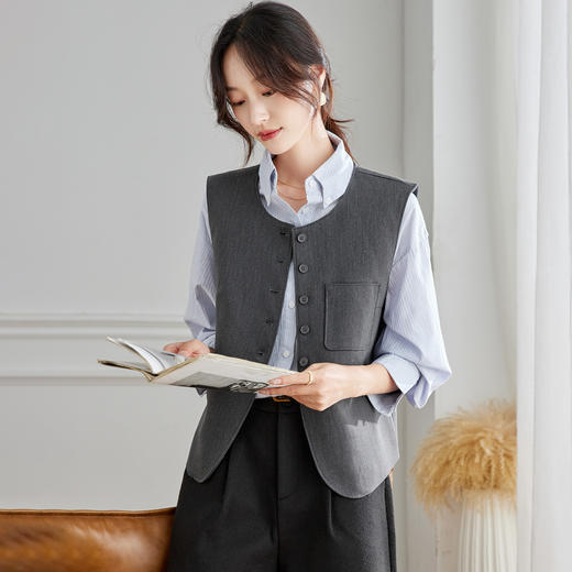 丁摩 圆领高级灰马甲女新款无袖坎肩背心叠穿开衫5ZF-58076 商品图2