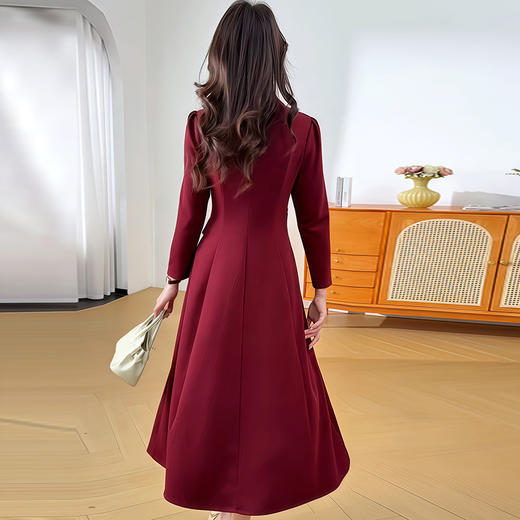 QYM 26810-Y西装领长袖连衣裙气质优雅过膝裙百褶长裙 商品图3