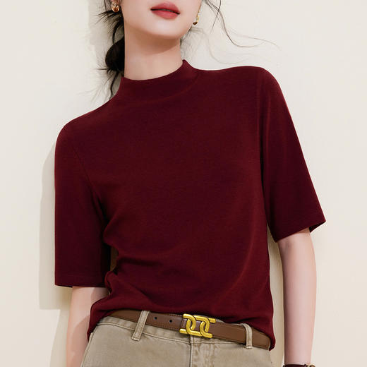 丁摩 半高领五分中袖女内搭春秋新款法式修身打底衫软糯中领上衣女5ZF-M933 商品图3