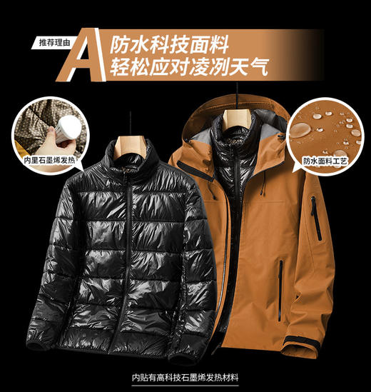 高阶品质 石墨烯发热 聚酰亚胺棉内胆 男士户外三合一可拆卸冲锋衣 保暖两件套棉外套BS23071-T 商品图2