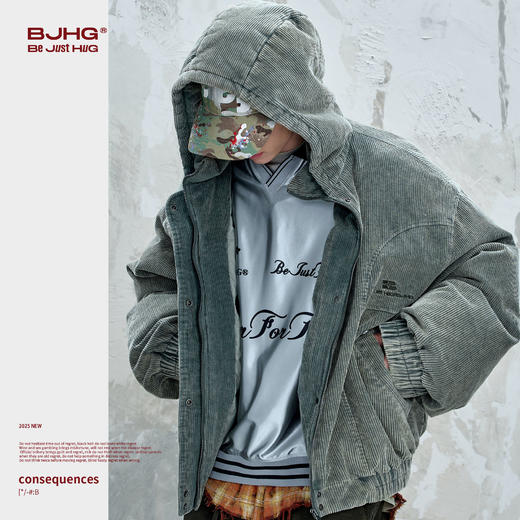 BJHG不计后果灯芯绒羽绒服男款冬季宽松连帽复古巴恩风羽绒服外套 商品图2