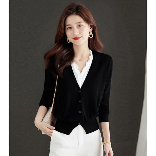 丁摩新款撞色拼接v领针织开衫女小香风气质减龄显瘦上衣5ZF-00378 商品图0