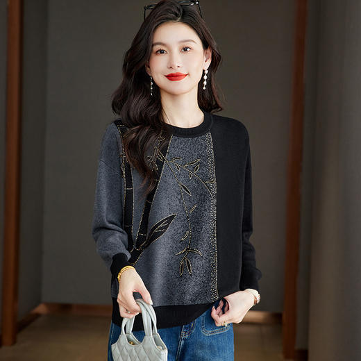 M2746-158高级感针织衫短款打底衫女2025秋冬新款原宿风妈妈装毛衣烫钻上衣 商品图2