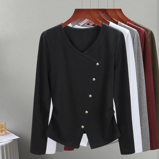 丁摩 长袖t恤女装新款女装气质V领正肩纯色体恤开叉上衣5ZF-R6830 商品图2