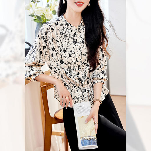 KQ2025秋季真丝碎花衬衫女长袖打底衫洋气小衫气质显瘦桑蚕丝上衣女 商品图0