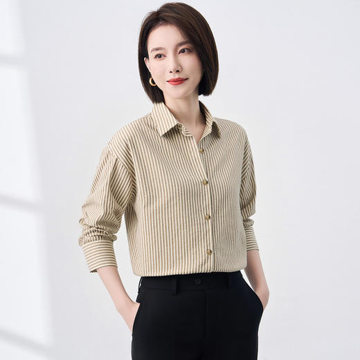 罗蒙秋冬厚款竖条纹长袖衬衫女士休闲百搭落肩宽松版磨毛棉质衬衣女上衣开衫 商品图3