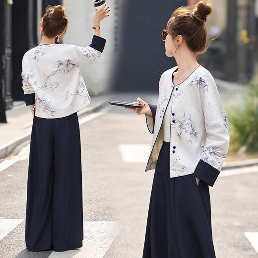 丁摩 时尚休闲新中式国风套装女春秋短外套阔腿裤两件套5ZF-2511 商品图1
