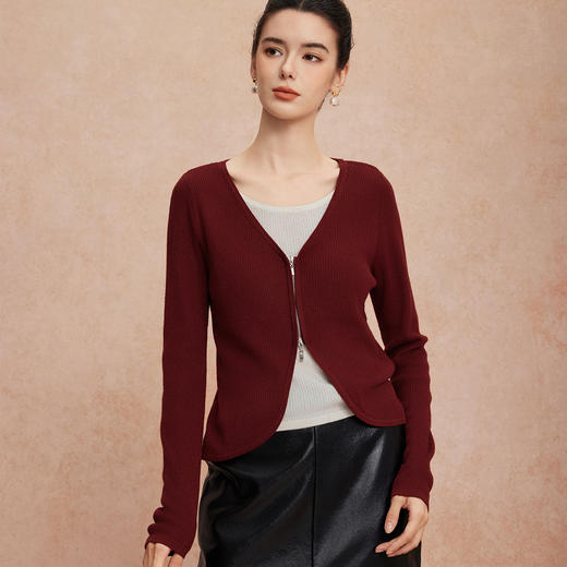 QG63025新款假两件上衣含羊毛撞色内搭拉链外套百搭时尚减龄针织衫 商品图4