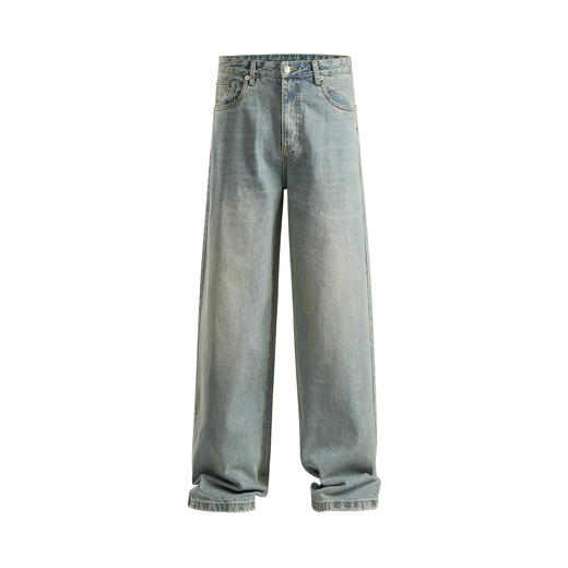 REDCHARCOAL红炭 酵磨漂猫须纹水洗阔版直筒牛仔裤男美式黑色裤子 商品图0