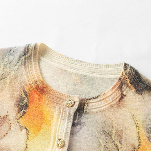 丁摩艺术印花羊毛开衫女圆领镶钻针织衫春秋百搭小开衫AL869 商品图3