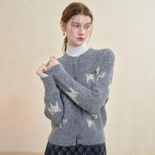 西遇韩系蝴蝶结小狗提花圆领针织衫女秋季新款百搭软糯毛衣H0055232 商品图0