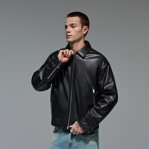 CHINISM赤尘 黑色蛋白皮翻领夹克男冬季新款加厚夹棉男士外套 商品图4