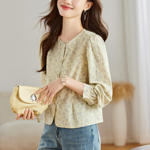 丁摩 圆领碎花衬衫女长袖田园风上衣甜美纯棉衬衣5ZF-47026 商品图2