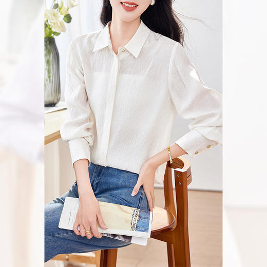 KQ19姆米冠乐绉暗门襟宽松职业长袖女式白衬衣衫女士上衣2025秋真丝 商品图2