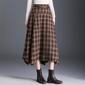 QYM 766-Y不规则半身裙时尚高腰裙气质格纹中长裙