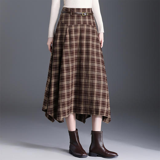 QYM 766-Y不规则半身裙时尚高腰裙气质格纹中长裙 商品图0