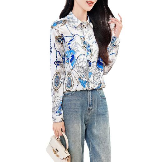 KQ2025早秋桑蚕丝趣味印花真丝衬衫polo领长袖花色通勤衬衣女士上衣 商品图4
