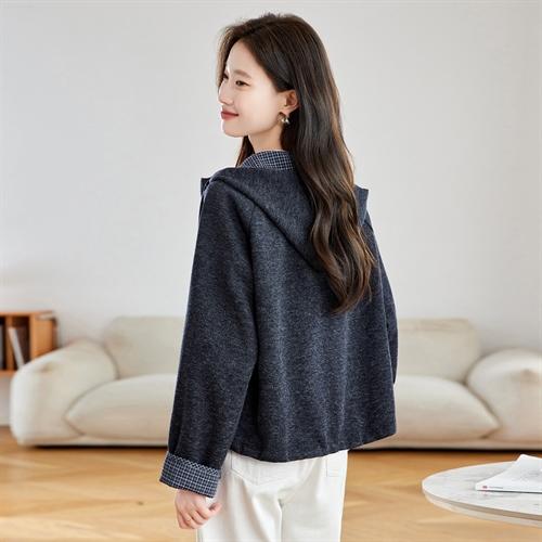 高级灰短款仿呢料时尚小个子，上衣格子拼接洋气外套HR-MUQQ1399 商品图2