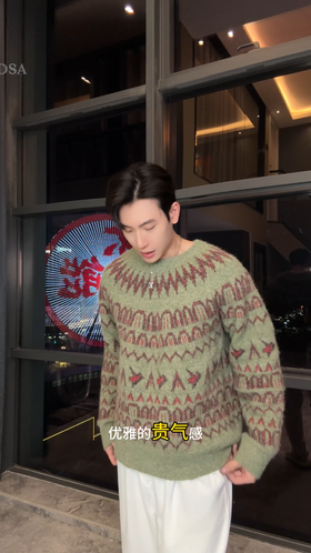 72533SDSA秋冬新款痞帅男装慵懒风撞色提花圆领针织衫百搭时尚套头毛衣