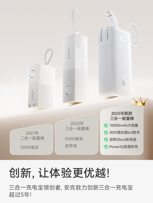 【热销】Anker安克 能量棒10000mAh大容量三合一自带线移动电源 适配苹果安卓手机 可上飞机 A1637 商品图5