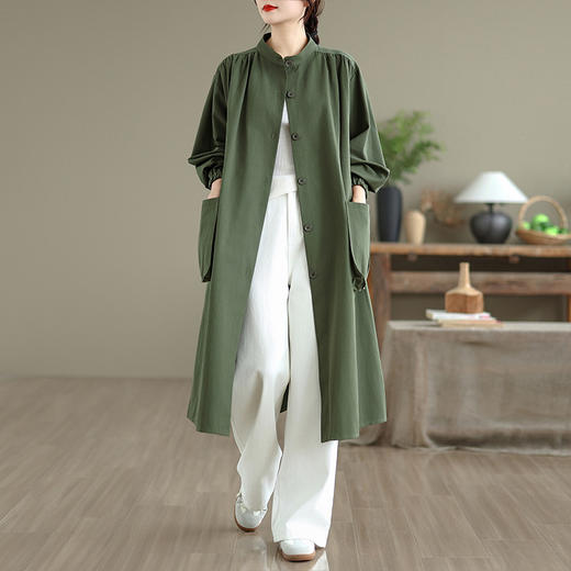 雀说文艺宽松大码女装长袖立领纯色大口袋中长款风衣外套AL999 商品图1