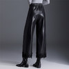 QYM 768-Y松紧高腰皮长裤时尚蕾丝花边拼结休闲裤气质PU皮阔腿裤 商品缩略图2