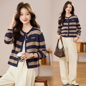 条纹针织衫开衫小香风，圆领毛衣外套长袖二八月外搭CC-108-1516