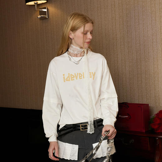 IDEVERRAY秋季假两件长袖t恤女宽松纯棉圆领宽松上衣男士情侣装 商品图4