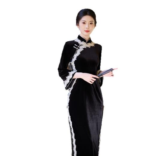 SKY 22768丝绒长款花边倒大袖旗袍复古国风改良新中式旗袍 商品图4