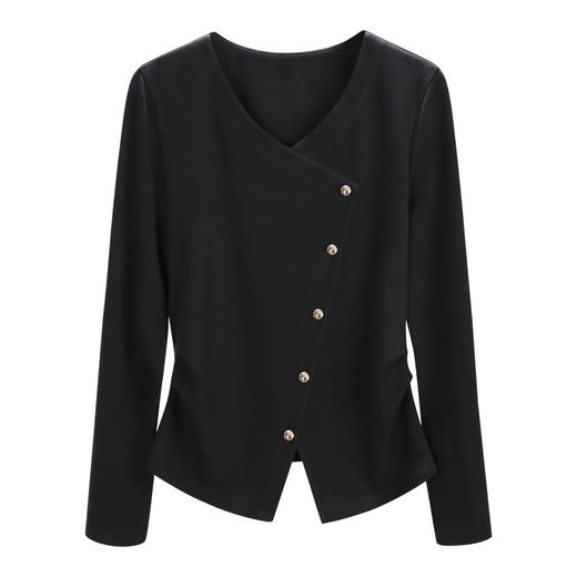 丁摩 长袖t恤女装新款女装气质V领正肩纯色体恤开叉上衣5ZF-R6830 商品图4