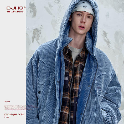 BJHG不计后果灯芯绒羽绒服男款冬季宽松连帽复古巴恩风羽绒服外套 商品图1