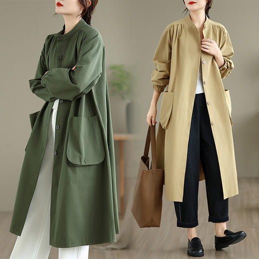 雀说文艺宽松大码女装长袖立领纯色大口袋中长款风衣外套AL999 商品图0