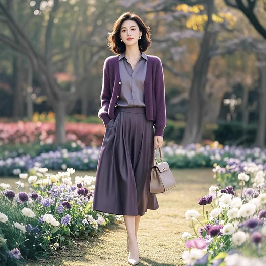 雀说显瘦洋气欧货潮时髦休闲紫色针织开衫衬衣半身裙AL5280 商品图3