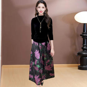 QYM 25B12-1-Y两件套连衣裙圆领打底裙+高腰印花中长款半身裙