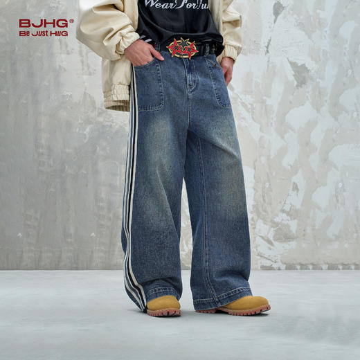 BJHG不计后果复古牛仔裤男女款秋季做旧水洗织带设计感运动牛仔裤 商品图2