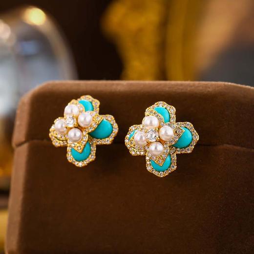 雀说新中式蓝松石镶珍珠耳钉立体四叶花耳环女小众高级感气质时尚耳饰AL1069 商品图3