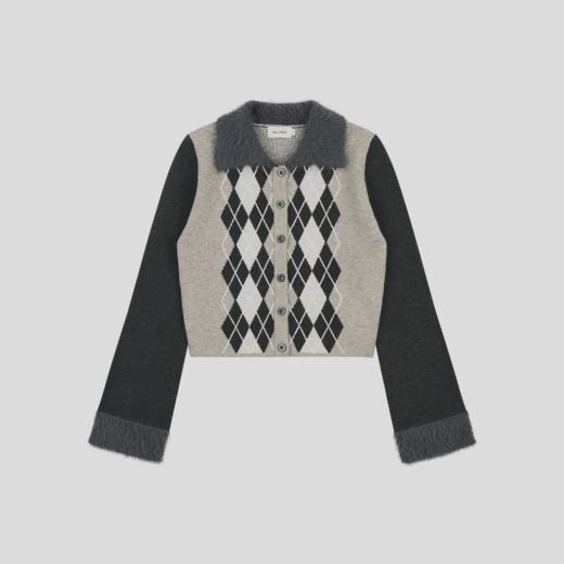 GOODBAI 菱格纹撞色拼接毛绒正肩长袖针织开衫 商品图1