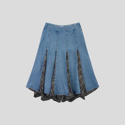 GOODBAI 拼接格纹撞色无腰带A版中长半身裙 商品图1