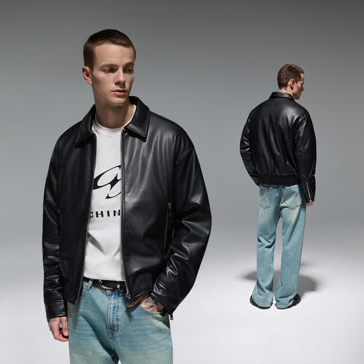 CHINISM赤尘 黑色蛋白皮翻领夹克男冬季新款加厚夹棉男士外套 商品图2