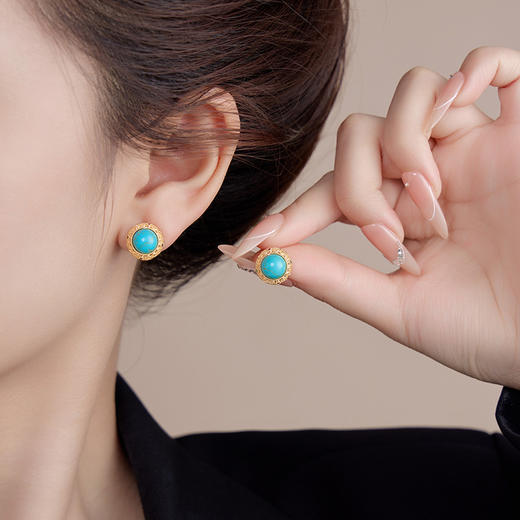 雀说真金电镀蓝松石小耳钉女百搭时尚气质高级感耳环复古轻奢精美耳饰AL1135 商品图1