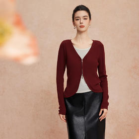 QG63025新款假两件上衣含羊毛撞色内搭拉链外套百搭时尚减龄针织衫