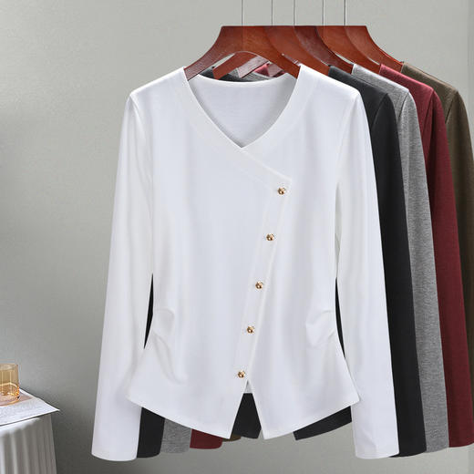 丁摩 长袖t恤女装新款女装气质V领正肩纯色体恤开叉上衣5ZF-R6830 商品图1