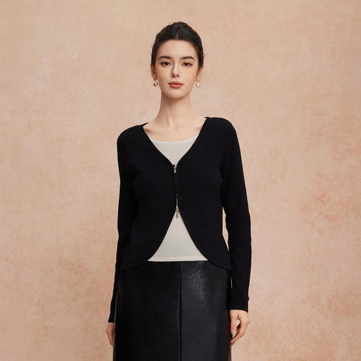 QG63025新款假两件上衣含羊毛撞色内搭拉链外套百搭时尚减龄针织衫 商品图5