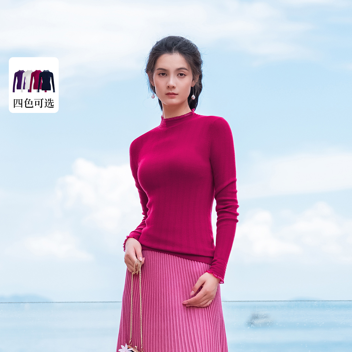 【林栖设计小店】（现货）花边领毛织上衣复古修身打底百搭保暖2025秋冬新品毛衣女1932454-藏青色米白色1961288